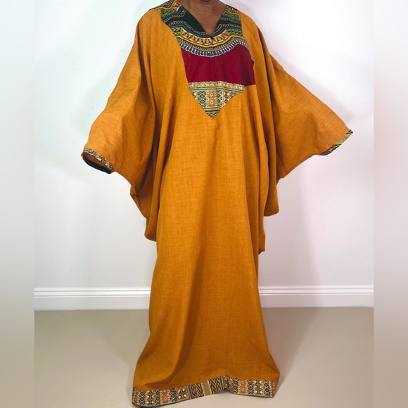 Handmade Burnt Yellow Dashiki Detail Maxi Kaftan Oversized Dress - Picture 5 of 12